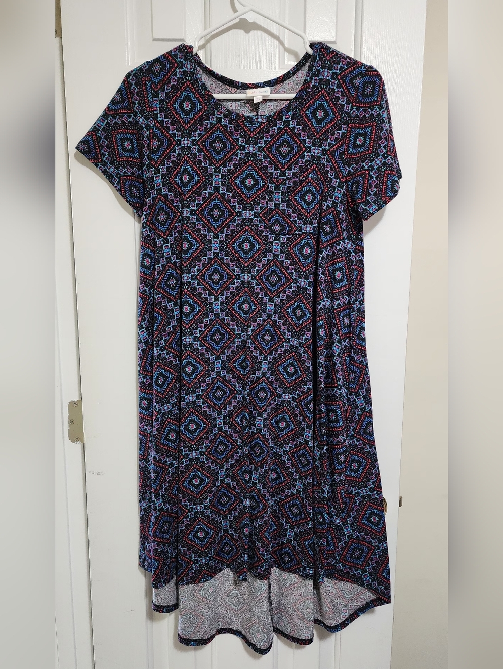 Lularoe Carly Geometric Print Short Sleeve Swing Dress - Blue & Black XS